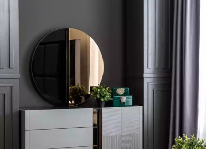 Beautiful chest of drawers with mirror in gray tones with gold inlays